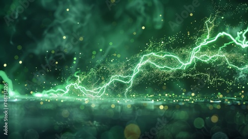 A green lightning bolt striking a blockchain, powering a sustainable revolution.