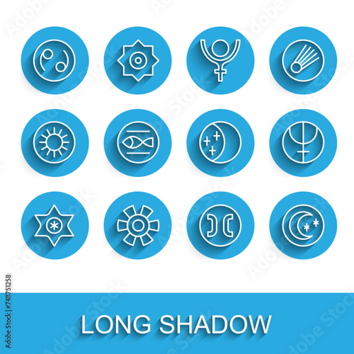 Set line Falling star, Sun, Cancer zodiac, Pisces, Moon and stars, Neptune planet and Eclipse of the sun icon. Vector