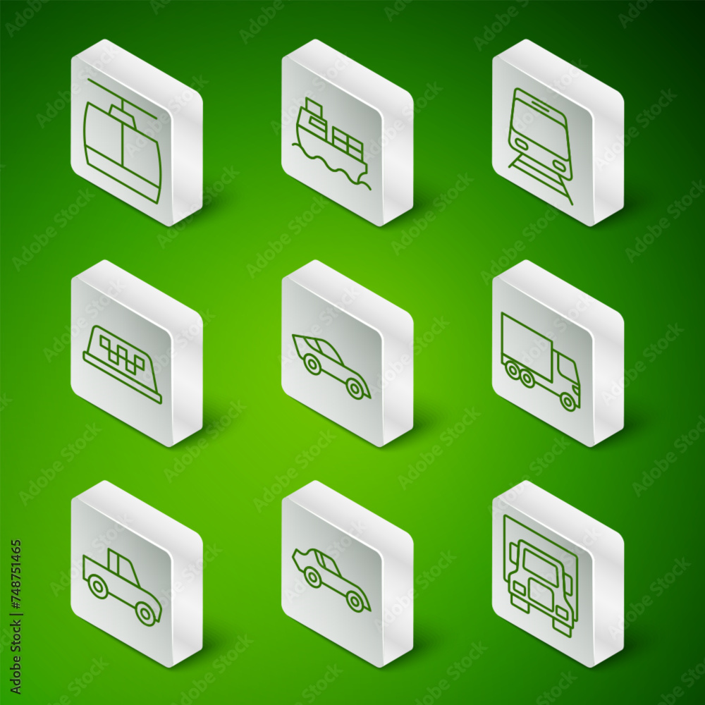 Set line Delivery cargo truck, Car, Cable, Taxi roof, Cargo ship with boxes delivery, Pickup and icon. Vector Set line Delivery cargo truck, Car, Cable, Taxi roof, Cargo ship with boxes delivery, Pickup and icon. Vector