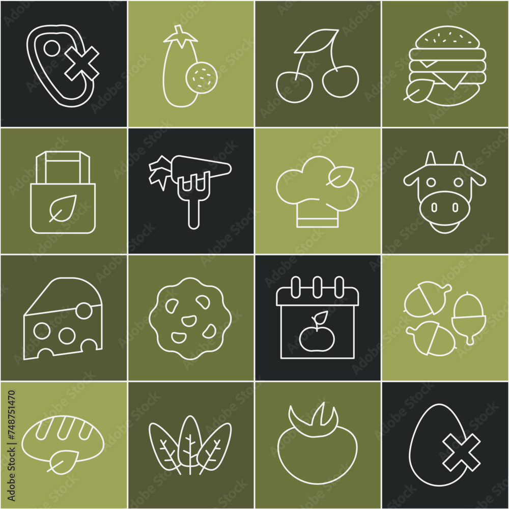 Set line No egg, Acorn, Cow head, Fresh berries, Carrot, Shopping bag with recycle, meat and Vegan food diet icon. Vector Set line No egg, Acorn, Cow head, Fresh berries, Carrot, Shopping bag with recycle, meat and Vegan food diet icon. Vector