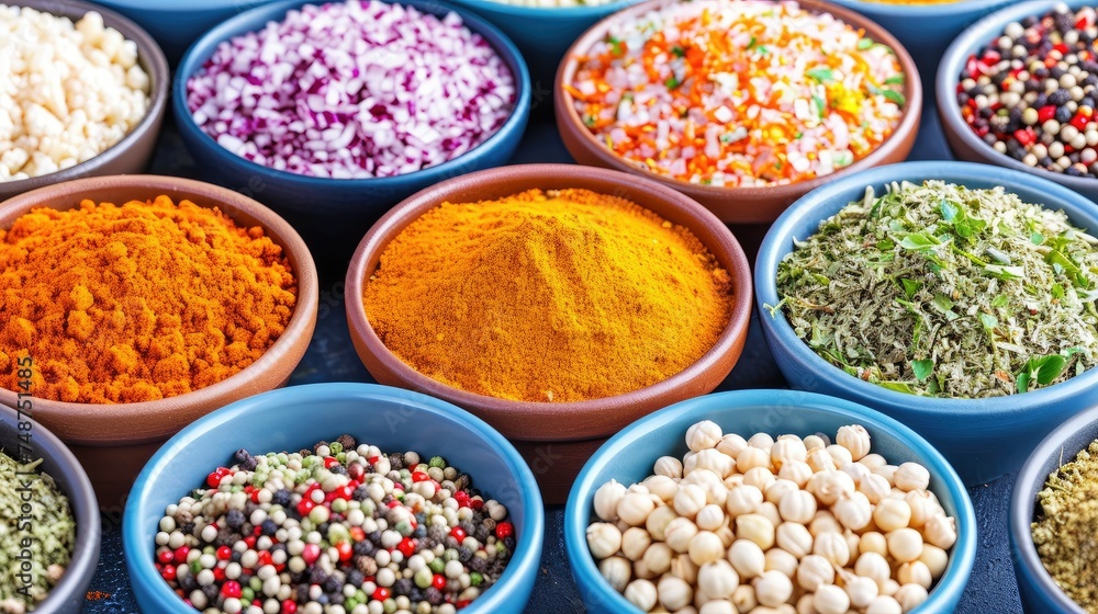 Assorted spices in colorful bowls, including turmeric, pepper, and herbs, displayed in a vibrant array.