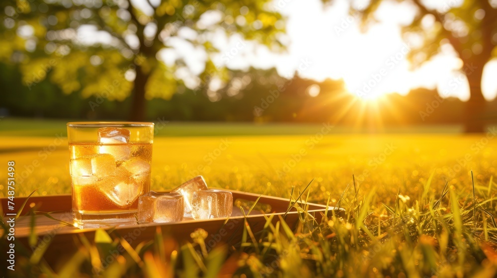 a glass of water and ice cubes on a tray in the grass with the sun shining in the background. - obrazy, fototapety, plakaty 