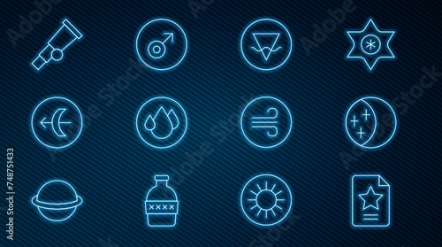 Set line Star constellation zodiac, Eclipse of the sun, Earth element, Water drop, Sagittarius, Telescope, Windy weather and Mars symbol icon. Vector