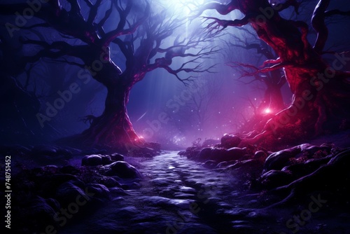 Enchanted forest filled with mystical charm illuminated by glowing lights at night