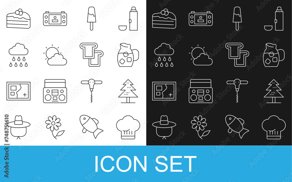 Naklejka premium Set line Chef hat, Tree, Jug glass with water, Ice cream, Sun and cloud weather, Cloud rain, Piece of cake and Bread toast icon. Vector