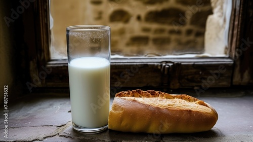 a glass of milk next to a loaf of bread and a glass of milk on a stone floor in front of a window.