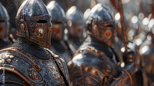 A knight in armor branded with cryptocurrency logos, defending against regulatory challenges.