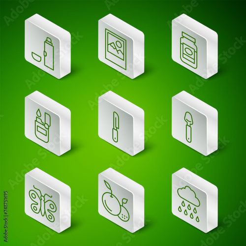 Set line Cloud with rain, Fruit, Thermos container, Knife, Lighter, Photo frame, Butterfly and Spoon icon. Vector