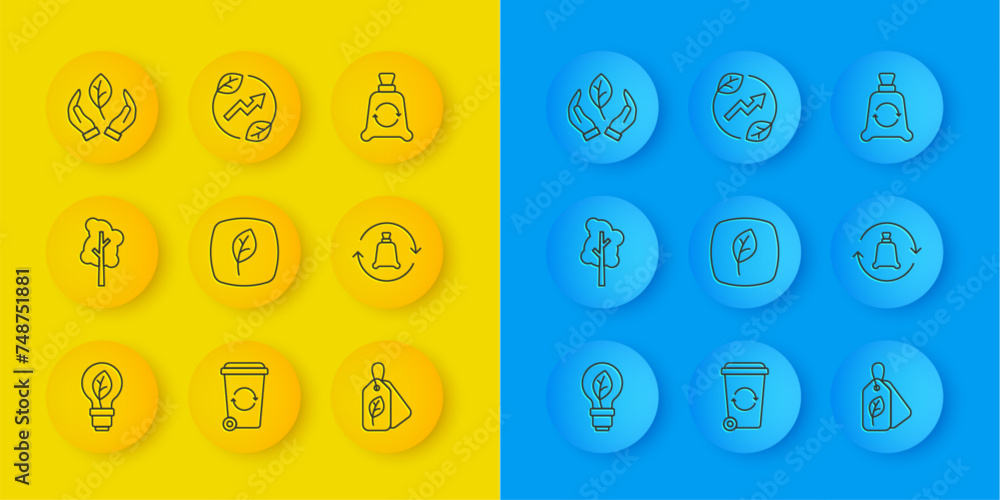 Set line Light bulb with leaf, Tree, Leaf Eco symbol, Tag, Garbage bag recycle, in hand, and Electric saving plug icon. Vector Set line Light bulb with leaf, Tree, Leaf Eco symbol, Tag, Garbage bag recycle, in hand, and Electric saving plug icon. Vector