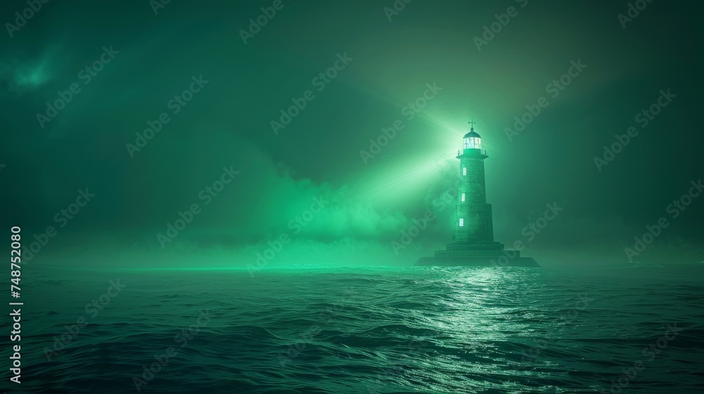 A lighthouse casting a green beam across a digital ocean, guiding ships to sustainability. - obrazy, fototapety, plakaty 