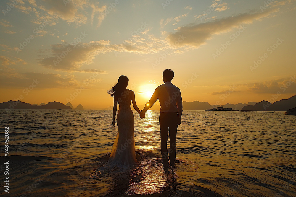 Chinese couples，Wedding photos by the seaside，Under the sunset