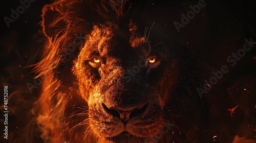 intense lion portrait with fiery eyes, detailed closeup of majestic wildlife animal isolated on dark background photo