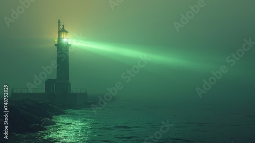 A lighthouse casting a green beam across a digital ocean  guiding ships to sustainability.