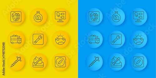 Set line Construction jackhammer, Mining dump truck, Wrench spanner, Compass, Earth core structure crust, Gem stone, Soil analysis and Exhibition with minerals, rocks icon. Vector