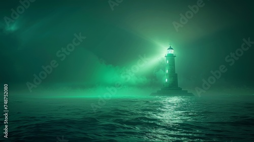 A lighthouse casting a green beam across a digital ocean, guiding ships to sustainability.