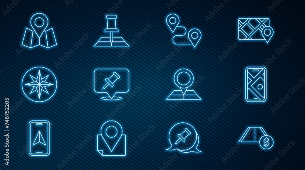 Set line Toll road traffic, City map navigation, Route location, Push pin, Wind rose, Folded with marker, and icon. Vector Set line Toll road traffic, City map navigation, Route location, Push pin, Wind rose, Folded with marker, and icon. Vector