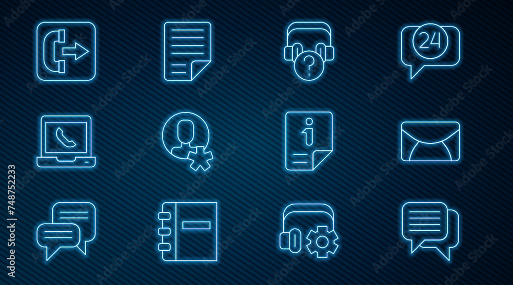 Set line Speech bubble chat, Mail and e-mail, Headphones with question, Elected employee, Telephone 24 hours support, Outgoing call, Information and File document icon. Vector Set line Speech bubble chat, Mail and e-mail, Headphones with question, Elected employee, Telephone 24 hours support, Outgoing call, Information and File document icon. Vector