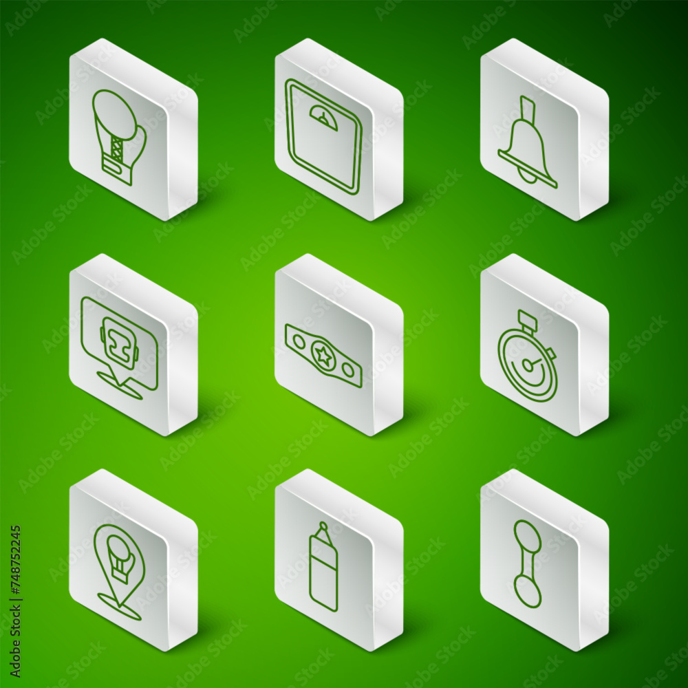 Set line Dumbbell, Punching bag, Boxing glove, belt, helmet, Bathroom scales, and Stopwatch icon. Vector Set line Dumbbell, Punching bag, Boxing glove, belt, helmet, Bathroom scales, and Stopwatch icon. Vector
