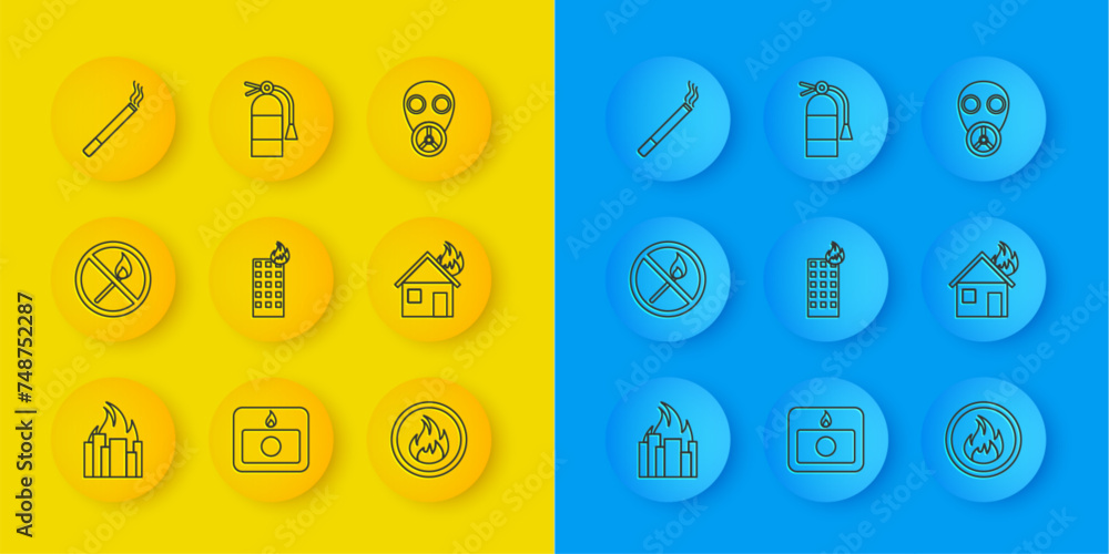 Set line Fire in burning buildings, No fire match, flame, house, Cigarette, Gas mask and extinguisher icon. Vector Set line Fire in burning buildings, No fire match, flame, house, Cigarette, Gas mask and extinguisher icon. Vector