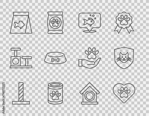 Set line Cat scratching post with toy, Heart animals footprint, Fish, Canned food, Food for fish, Pet bowl cat dog, Dog house and Animal health insurance icon. Vector
