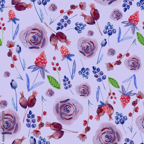 seamless pattern with flowers and berries.  watercolor illustration.  © Olesia La