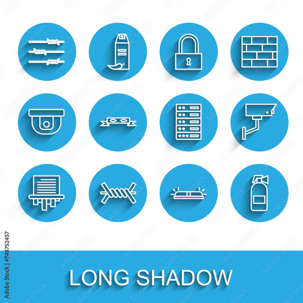 Set line Paper shredder, Barbed wire, Flasher siren, Fire extinguisher, Thief eye mask, Security camera and Server, Data, Web Hosting icon. Vector Set line Paper shredder, Barbed wire, Flasher siren, Fire extinguisher, Thief eye mask, Security camera and Server, Data, Web Hosting icon. Vector