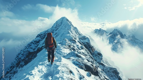 A mountain climber ascending a peak named "Regulatory Compliance." © Exnoi