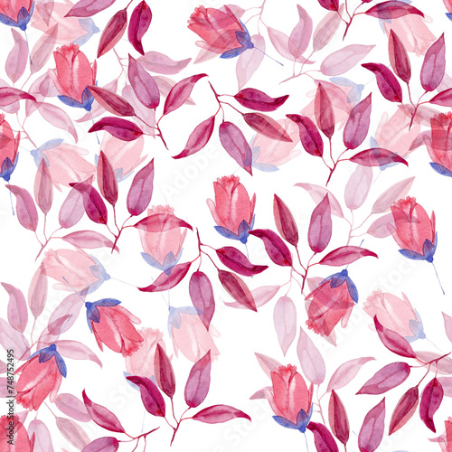 Hand drawnd watercolor seamless pattern. Pink rosess and leaves. 