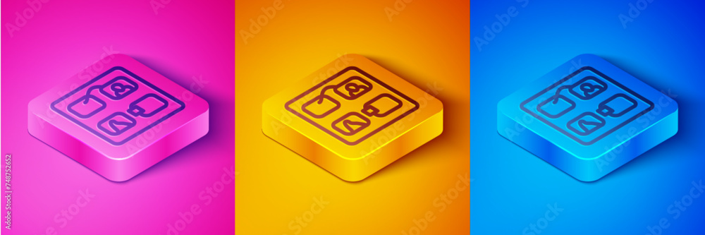 Isometric line Storyboard film video template for movie creation icon isolated on pink and orange, blue background. Square button. Vector Isometric line Storyboard film video template for movie creation icon isolated on pink and orange, blue background. Square button. Vector