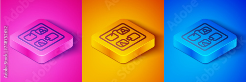 Isometric line Storyboard film video template for movie creation icon isolated on pink and orange, blue background. Square button. Vector