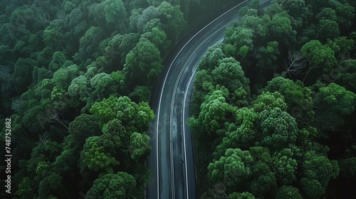 breathtaking top view of beautiful curve road amidst lush greenery of forest during rainy season, serene nature landscape © CinimaticWorks