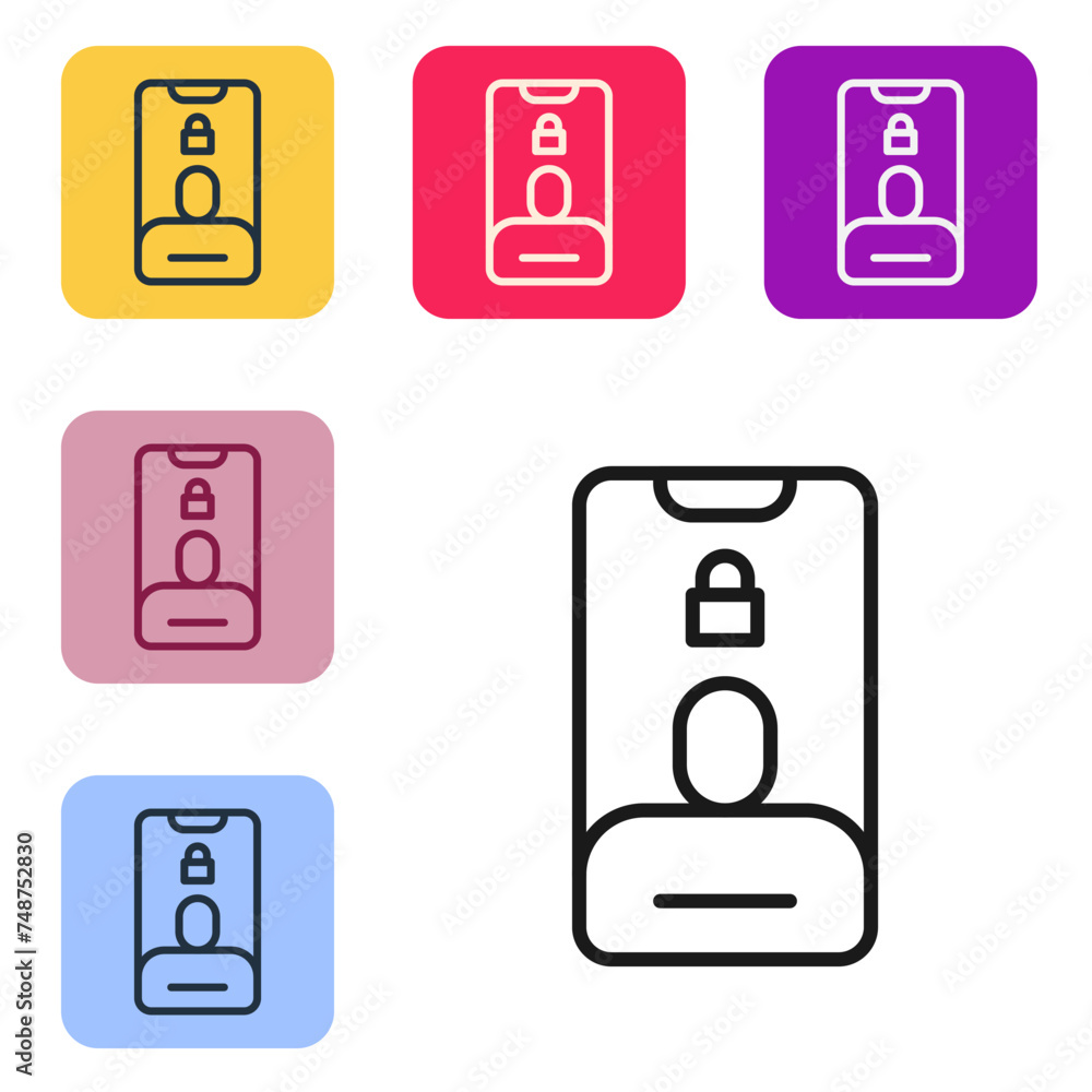 Black line Incoming call on mobile phone icon isolated on white background. Friends call. Set icons in color square buttons. Vector Black line Incoming call on mobile phone icon isolated on white background. Friends call. Set icons in color square buttons. Vector