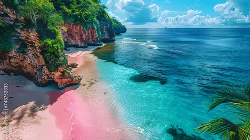 Serene beach paradise with pink sands and lush greenery under a clear blue sky