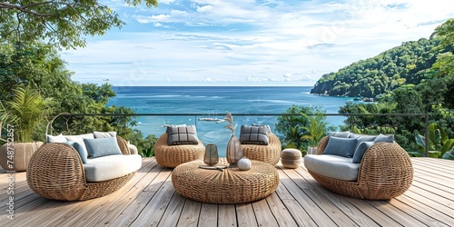 Luxury woven rattan furniture overlooking the tropical ocean from a serene deck