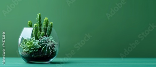 Succulent plants in glass terrarium against green background with copy space.