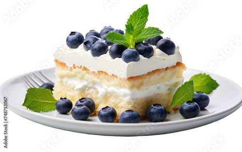 A delectable slice of cake topped with fresh blueberries sits elegantly on a pristine white plate. The contrast of the vibrant blue berries against the golden cake.