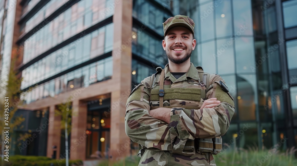 confident military professional in camouflage uniform, arms crossed with pride at army building confident military professional in camouflage uniform, arms crossed with pride at army building