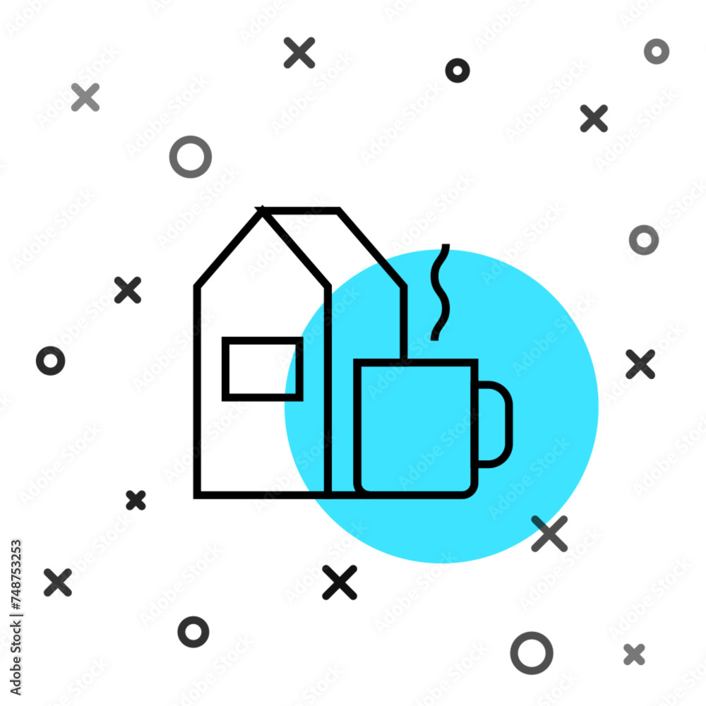 Black line Cup of tea with milk icon isolated on white background. Random dynamic shapes. Vector Black line Cup of tea with milk icon isolated on white background. Random dynamic shapes. Vector