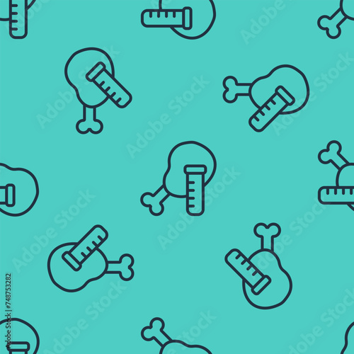 Black line Genetically modified chicken icon isolated seamless pattern on green background. Syringe being injected to chicken. Vector