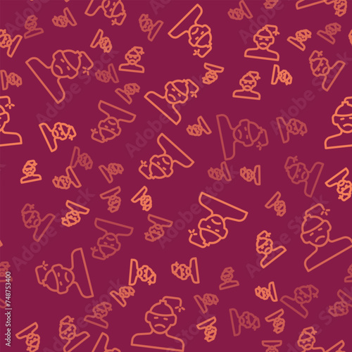 Brown line Concussion, headache, dizziness, migraine icon isolated seamless pattern on red background. Vector