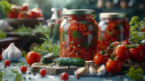 Artisanal tomato preserves in a glass jar amidst fresh herbs for gourmet homemade cuisine photo