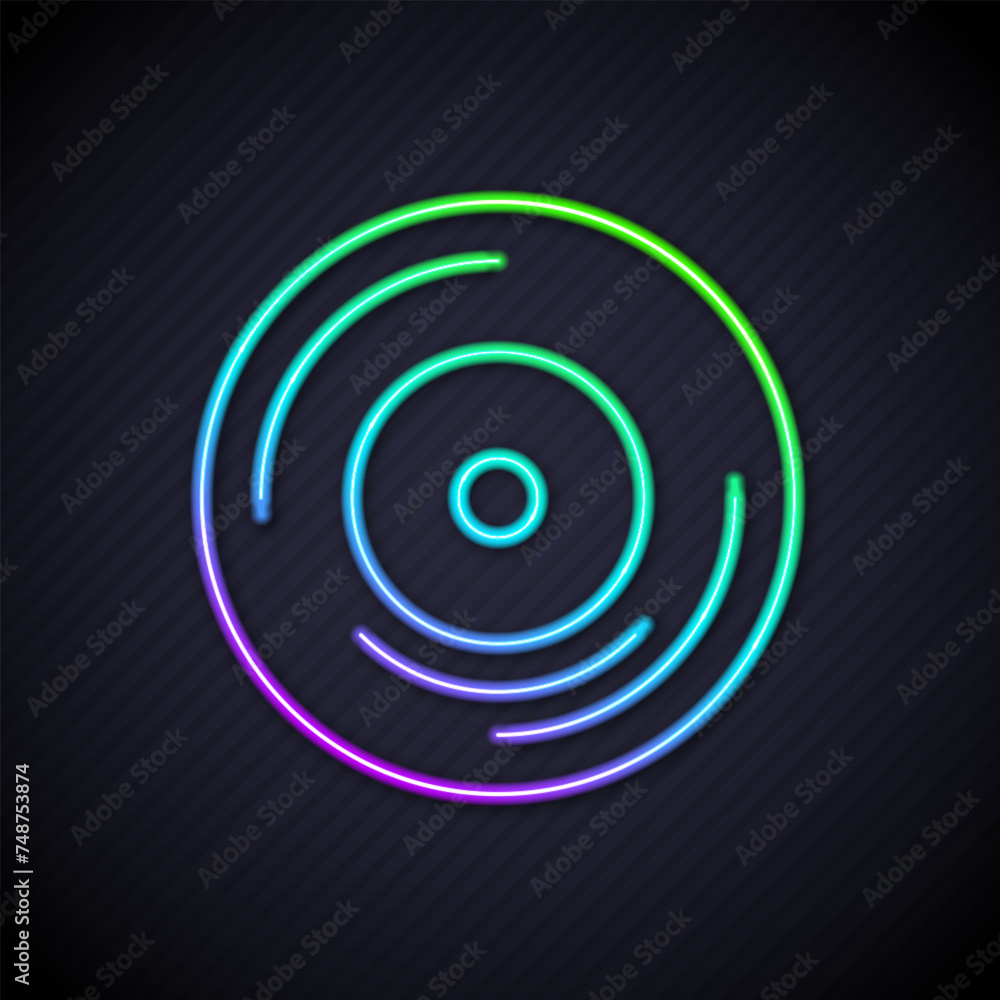Glowing neon line Vinyl disk icon isolated on black background. Vector