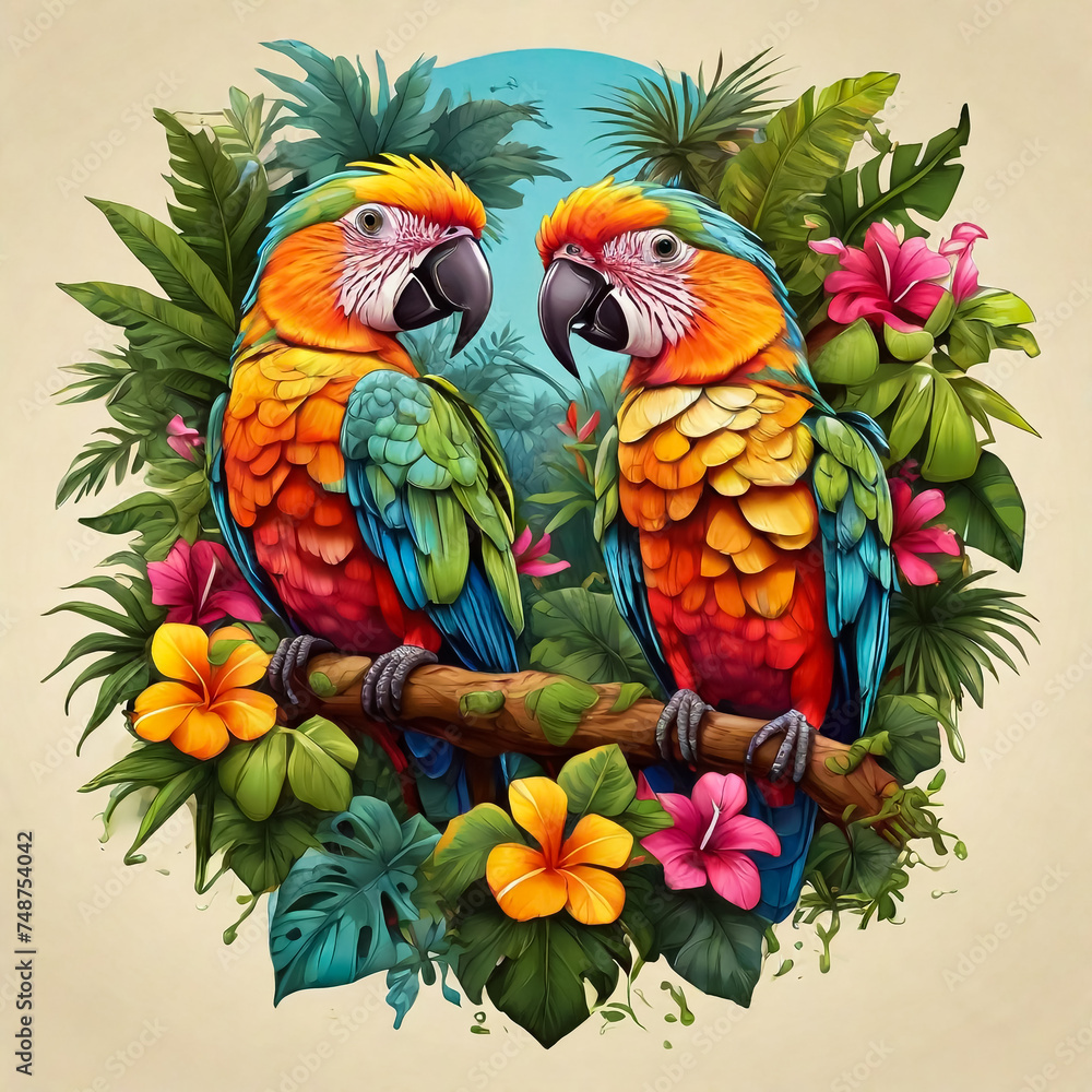 Tshirt design of exotic parrots and flowers