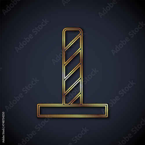 Gold line Cat scratching post with toy icon isolated on black background. Vector
