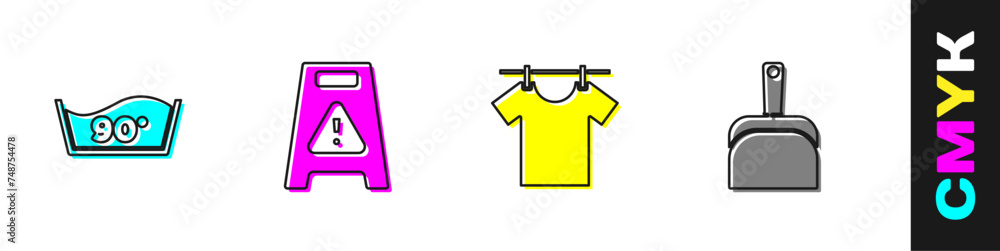 Set Temperature wash, Wet floor, Drying clothes and Dustpan icon. Vector Set Temperature wash, Wet floor, Drying clothes and Dustpan icon. Vector