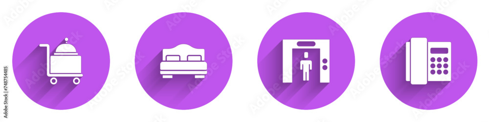 Set Covered with tray, Hotel room bed, Lift and Telephone handset icon with long shadow. Vector Set Covered with tray, Hotel room bed, Lift and Telephone handset icon with long shadow. Vector