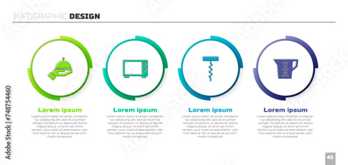 Set Covered with tray, Microwave oven, Wine corkscrew and Measuring cup. Business infographic template. Vector