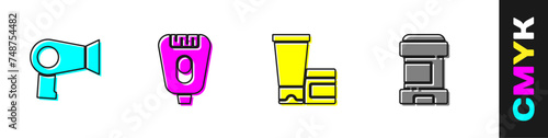 Set Hair dryer, Epilator, Cream lotion cosmetic tube and Antiperspirant deodorant roll icon. Vector