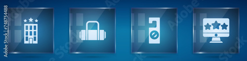 Set Hotel building, Suitcase, Please do not disturb and Five stars rating review. Square glass panels. Vector