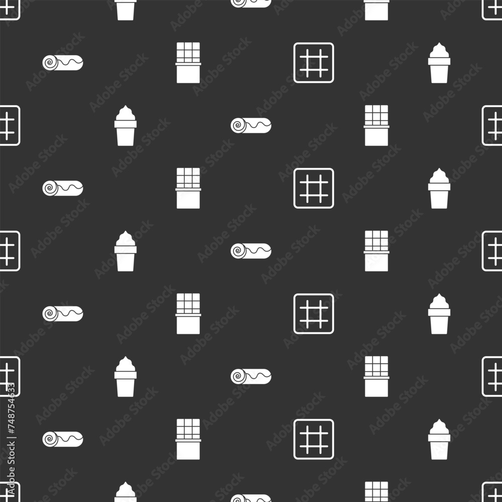 Set Waffle, Ice cream in waffle cone, Chocolate roll cake and bar on seamless pattern. Vector Set Waffle, Ice cream in waffle cone, Chocolate roll cake and bar on seamless pattern. Vector